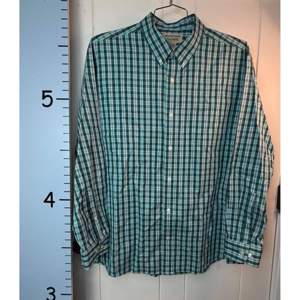 Duluth Trading Co. Men XL Wrinkle Fighter‎ Teal Green Plaid Button Down Shirt